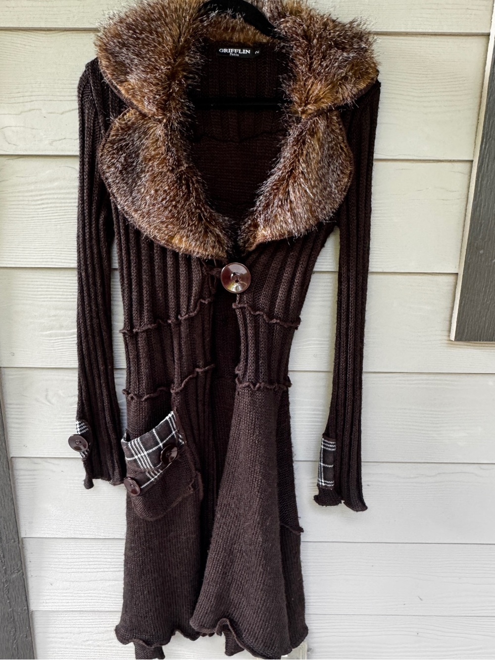 Grifflin Paris Sweater Coat Womens M Brown Wool Faux Fur Collar Y2K Whimsigoth